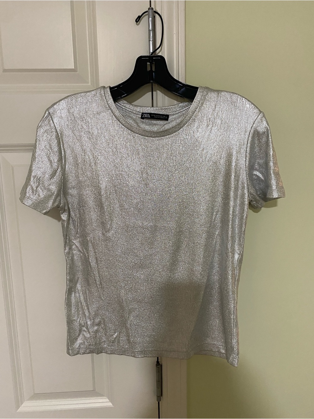 Zara Metallic Silver Short Sleeve Crew Tee
